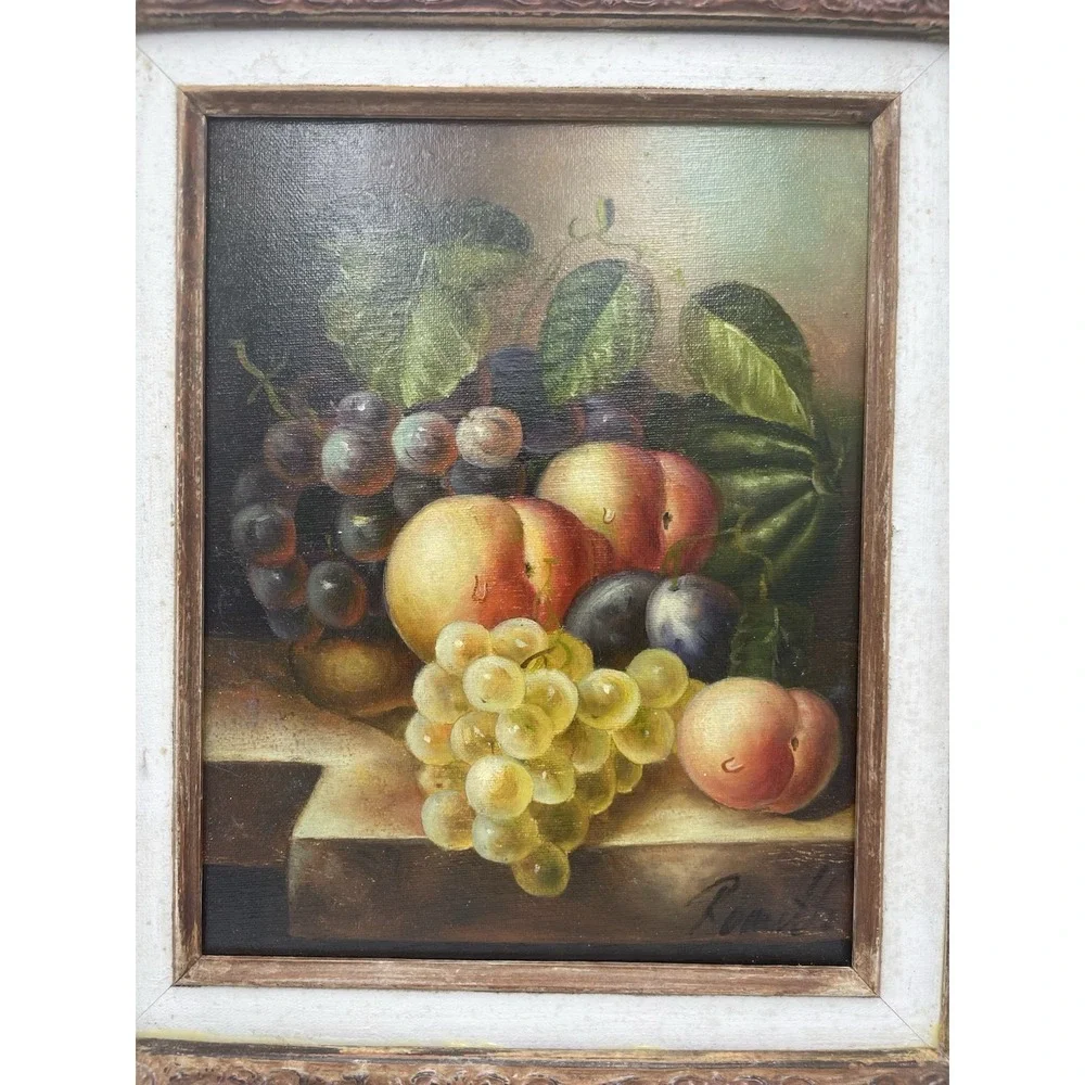 Vintage Still Life Fruit Oil‎ on Canvas Ornate Baroque Frame Signed 14 x 16